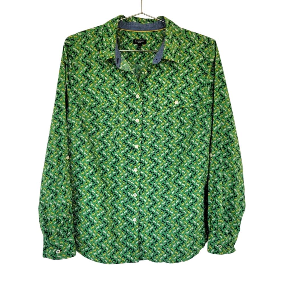 Talbots Novelty Print Button Down Blouse Green Horse Print Women Size 14P Cotton